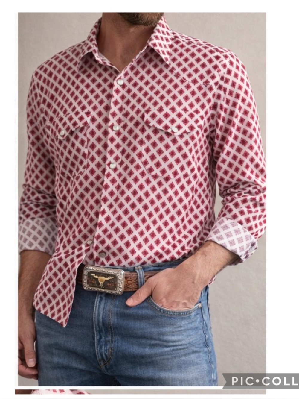 Montero Western Pearl Snap Shirt Red Print Cowboy Rodeo 3X (Fits XL)